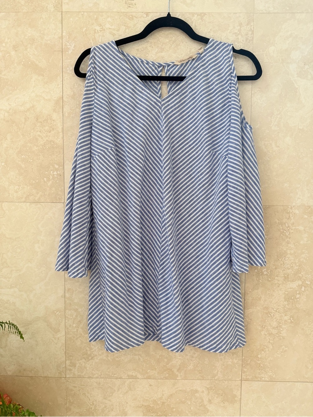 Soft Surroundings Blue White Stripe Linen Blend Cold Shoulder Tunic M EUC